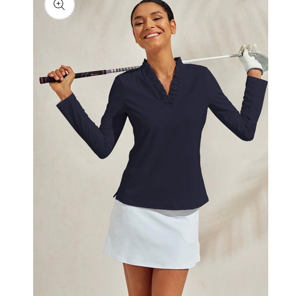 Acegolfs Womens XL Navy Blue Ruffle V-Neck Long Sleeve Golf Performance Top NEW